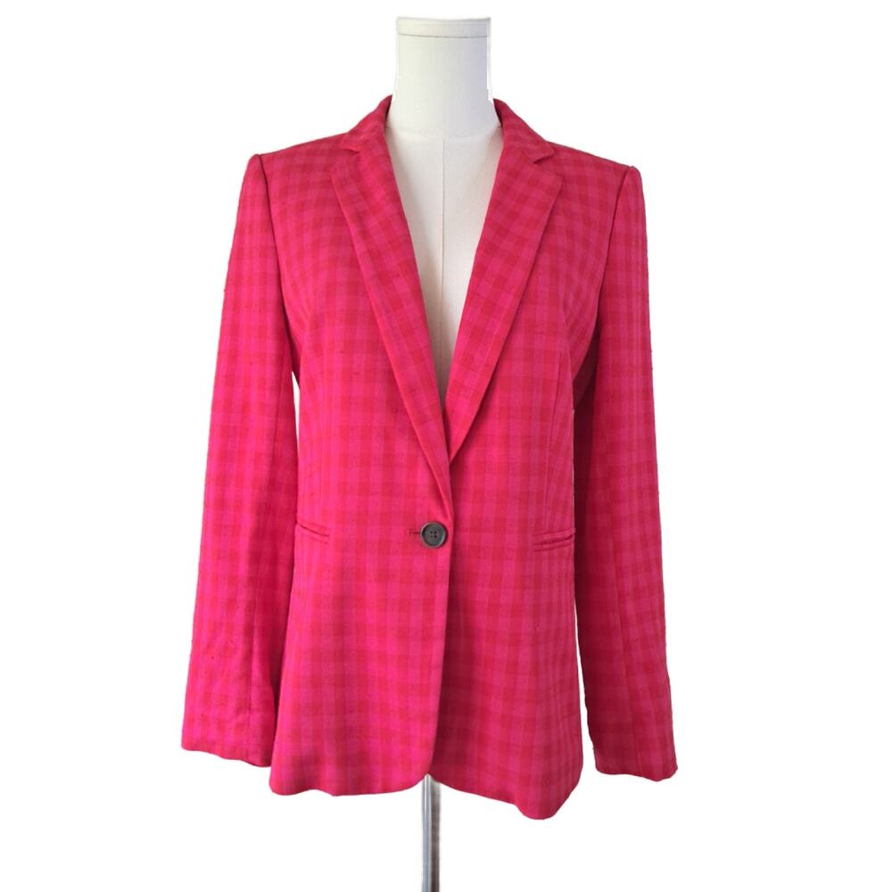 J CREW Parke Textured Blazer Size 4 Colorful Pink Red Gingham Check Jacket